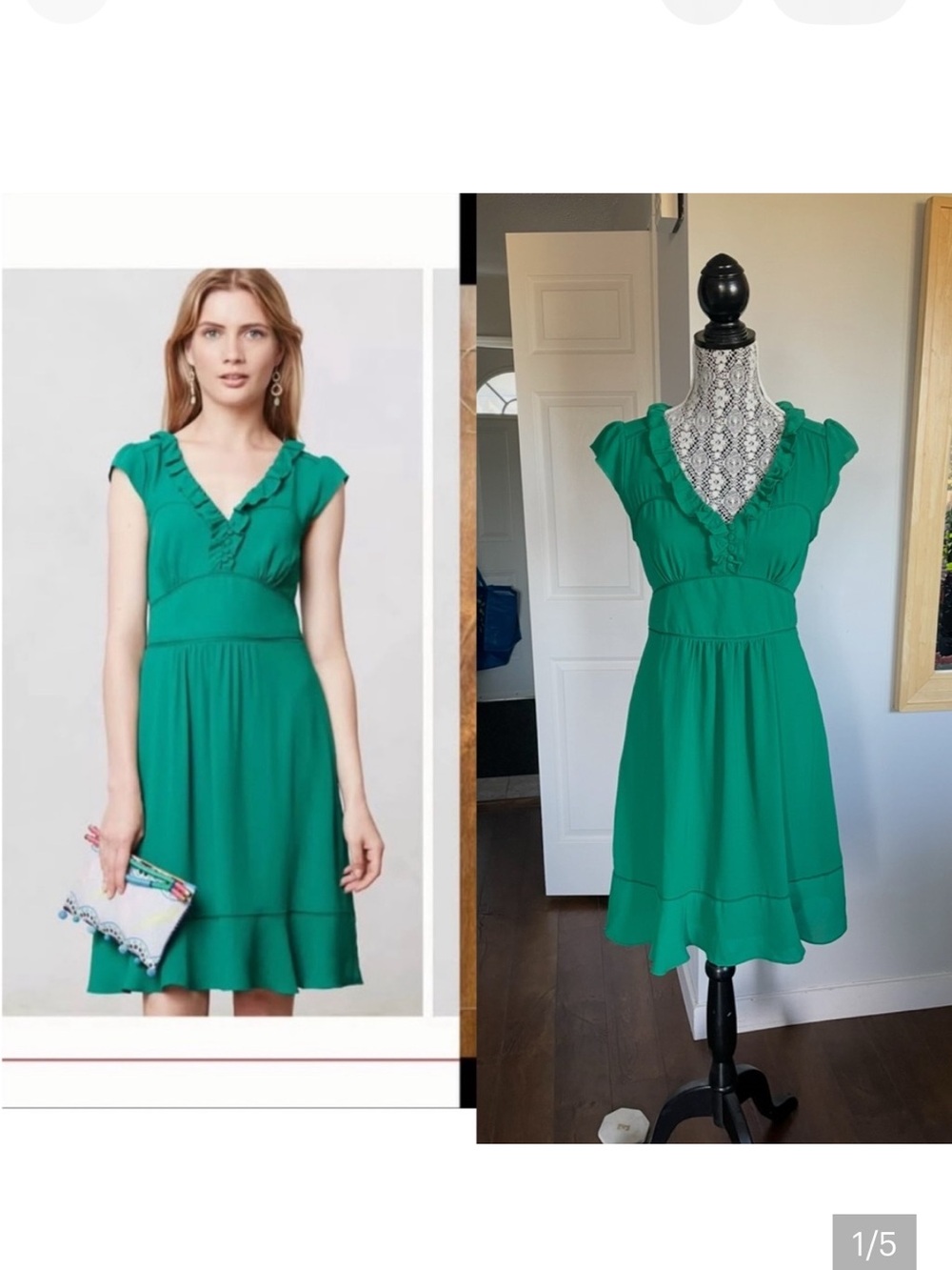 🍀 Anthropologie Emerald Green V-Neck Ruffle Trim Dress. Pockets! 👗 Size 8.